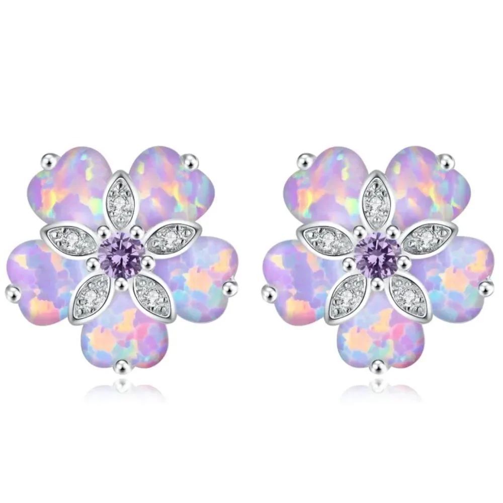 925 Sterling Silver with Purple Fire Opals and Purple Topaz Flower Stud Earrings